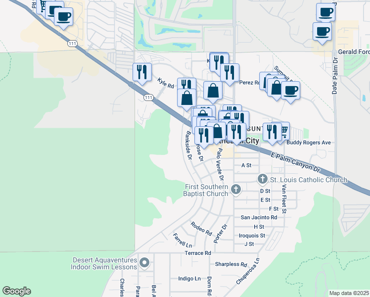 map of restaurants, bars, coffee shops, grocery stores, and more near 36953 Bankside Drive in Cathedral City