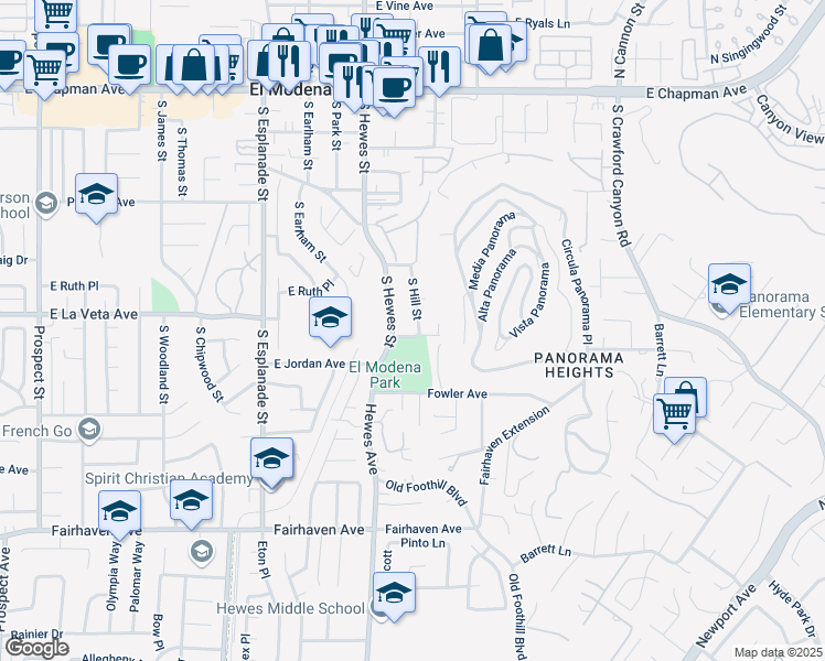 map of restaurants, bars, coffee shops, grocery stores, and more near 524 South Hill Street in Orange