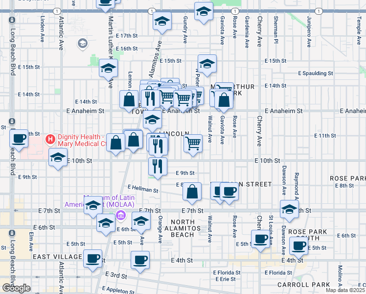 map of restaurants, bars, coffee shops, grocery stores, and more near 1048 Mahanna Avenue in Long Beach