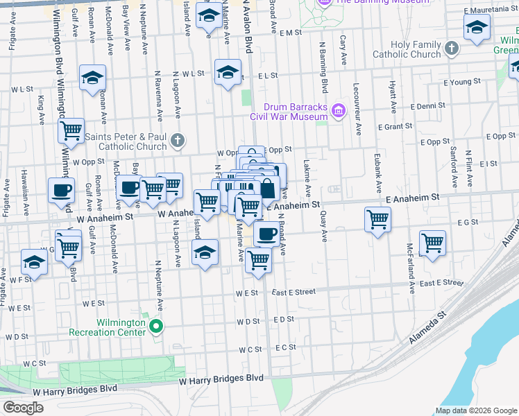 map of restaurants, bars, coffee shops, grocery stores, and more near 2 West Anaheim Street in Los Angeles