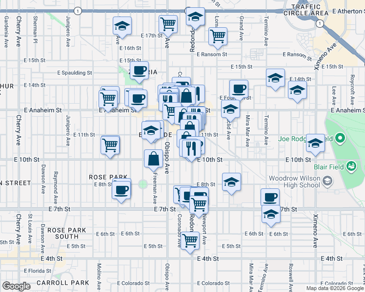 map of restaurants, bars, coffee shops, grocery stores, and more near 1048 Coronado Avenue in Long Beach