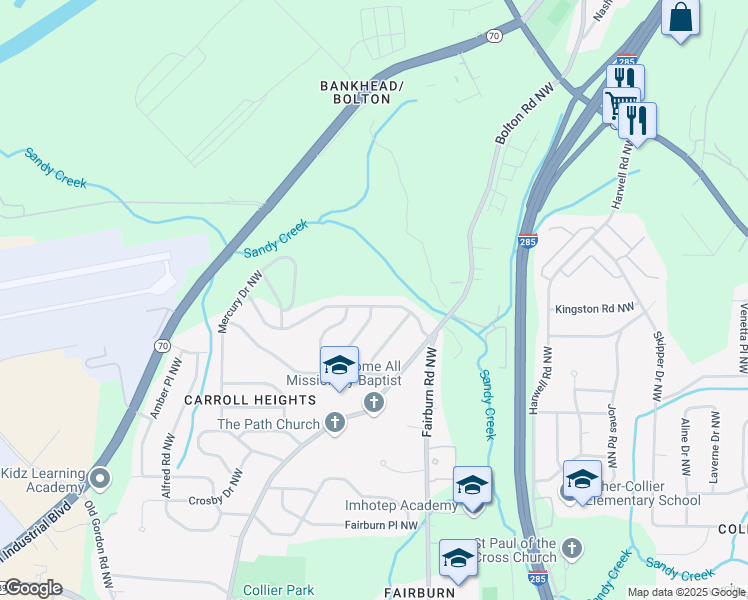 map of restaurants, bars, coffee shops, grocery stores, and more near 923 Fairburn Road Northwest in Atlanta