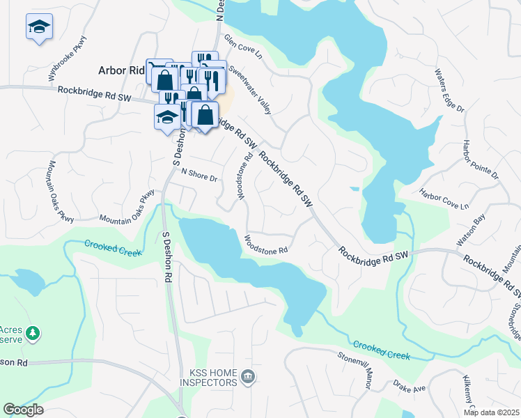 map of restaurants, bars, coffee shops, grocery stores, and more near 593 Lone Oak Drive in Lithonia