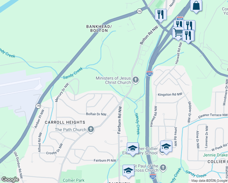 map of restaurants, bars, coffee shops, grocery stores, and more near 887 Fairburn Road Northwest in Atlanta