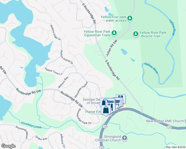 map of restaurants, bars, coffee shops, grocery stores, and more near 7566 Watson Bay Court in Stone Mountain