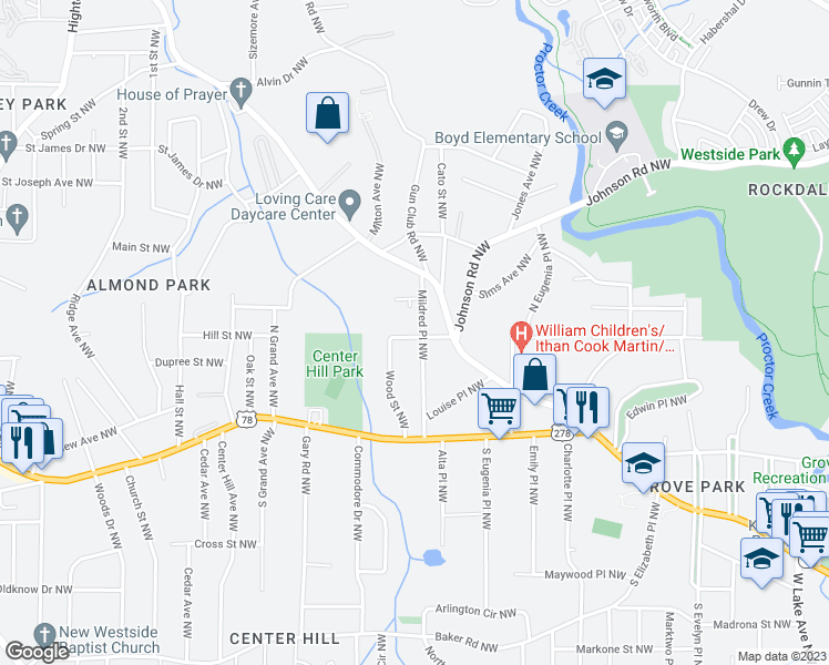 map of restaurants, bars, coffee shops, grocery stores, and more near 40 Mildred Place Northwest in Atlanta