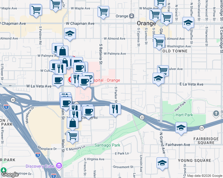 map of restaurants, bars, coffee shops, grocery stores, and more near 700 West La Veta Avenue in Orange