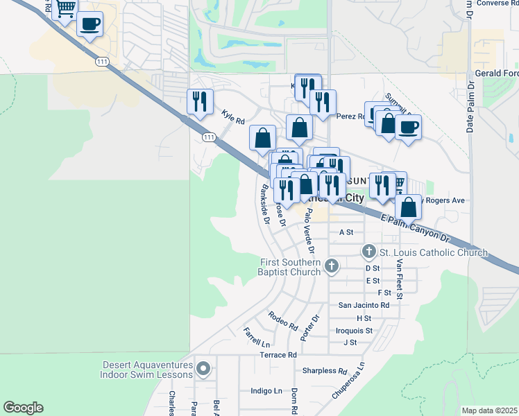 map of restaurants, bars, coffee shops, grocery stores, and more near 36953 Bankside Drive in Cathedral City