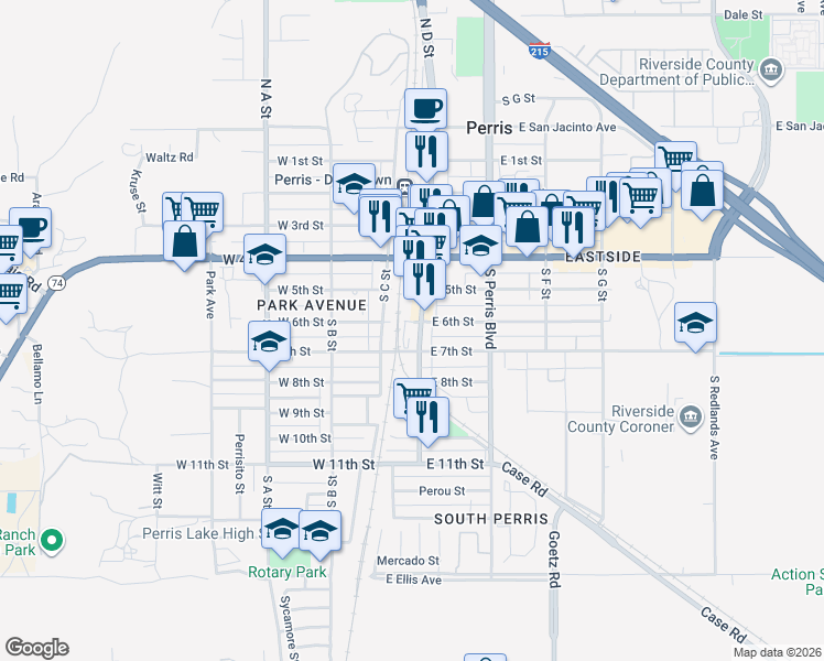 map of restaurants, bars, coffee shops, grocery stores, and more near 2 South D Street in Perris