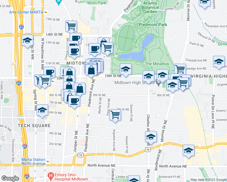 map of restaurants, bars, coffee shops, grocery stores, and more near 928 Argonne Avenue Northeast in Atlanta
