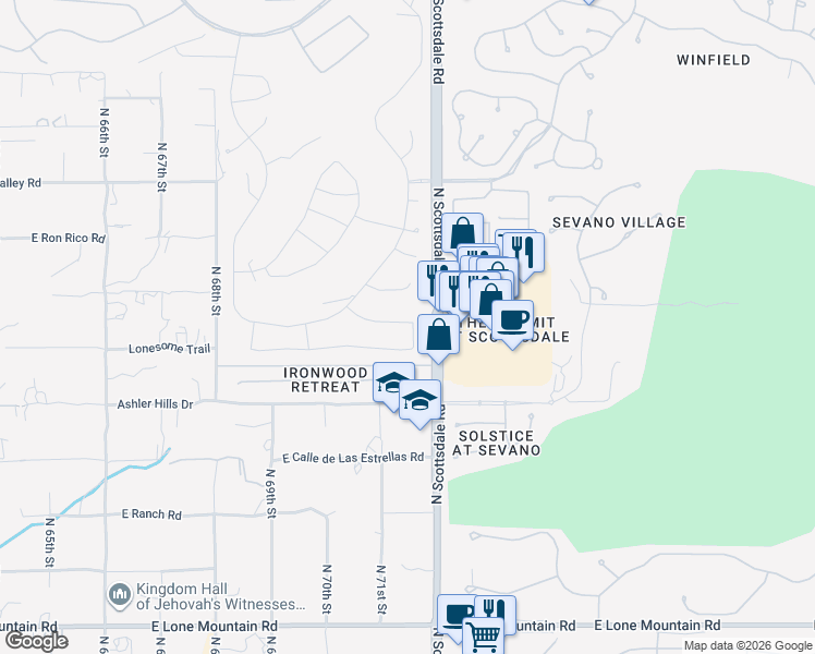 map of restaurants, bars, coffee shops, grocery stores, and more near 32476 North 71st Way in Scottsdale