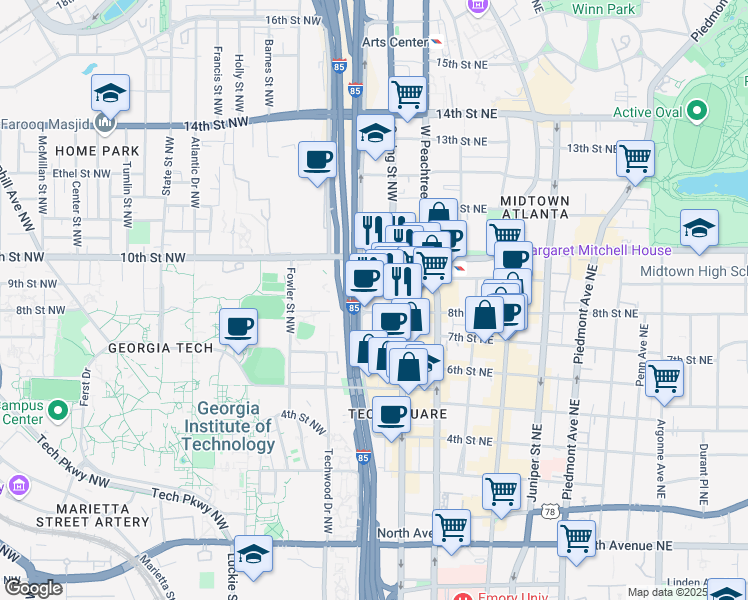 map of restaurants, bars, coffee shops, grocery stores, and more near 95 8th Street Northwest in Atlanta
