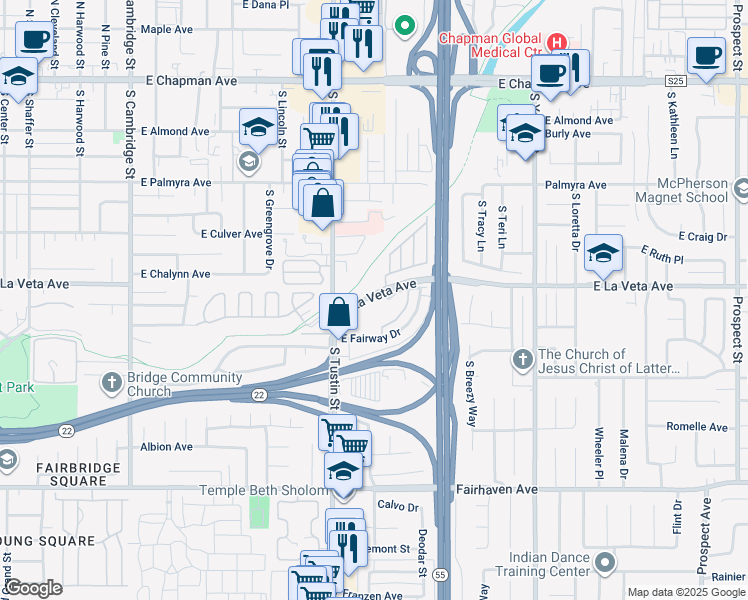 map of restaurants, bars, coffee shops, grocery stores, and more near 1800 East La Veta Avenue in Orange