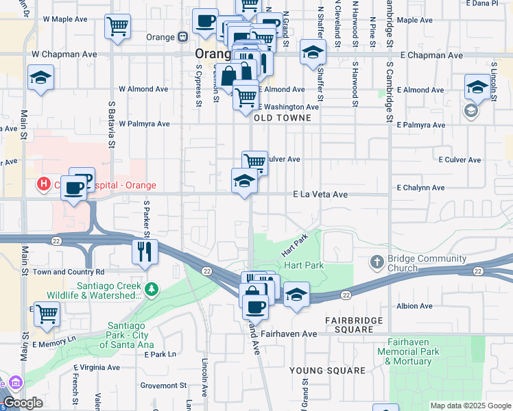 map of restaurants, bars, coffee shops, grocery stores, and more near 530 South Glassell Street in Orange
