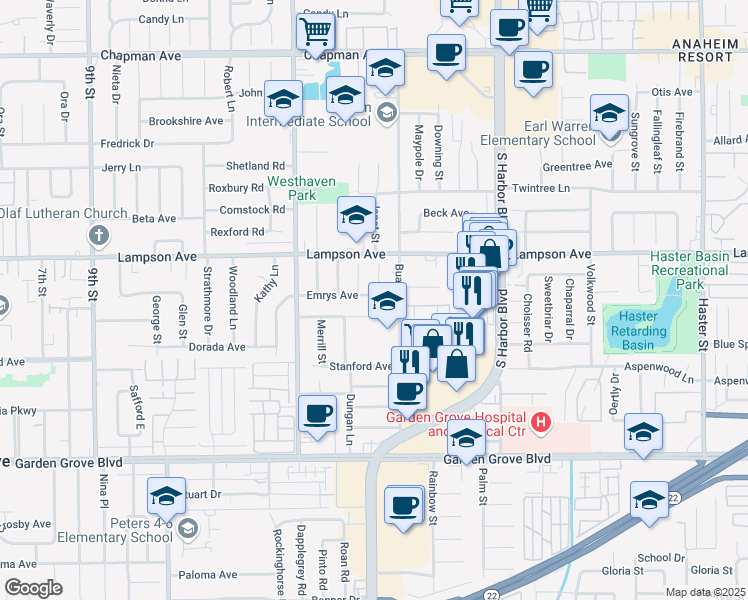 map of restaurants, bars, coffee shops, grocery stores, and more near 12132 Emrys Avenue in Garden Grove