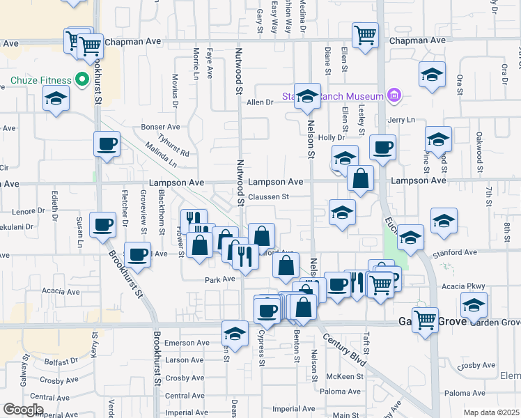 map of restaurants, bars, coffee shops, grocery stores, and more near 10560 Lakeside Drive North in Garden Grove