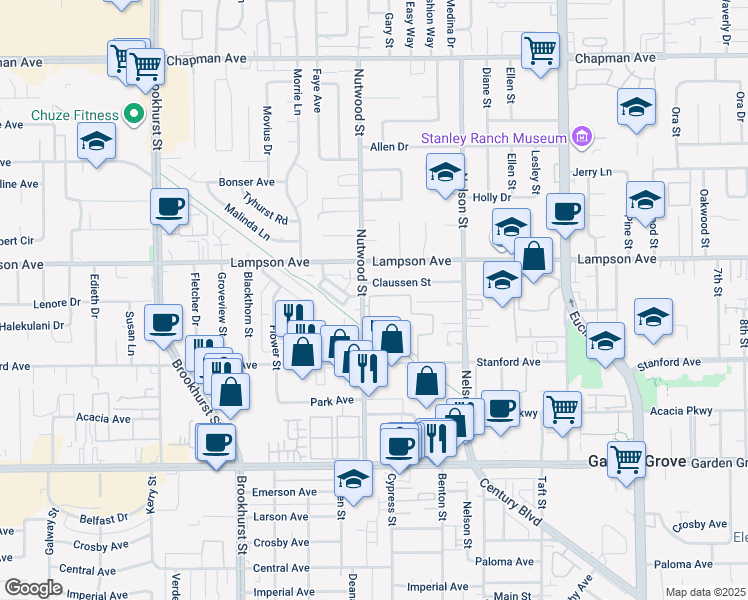 map of restaurants, bars, coffee shops, grocery stores, and more near 10530 Lakeside Drive North in Garden Grove
