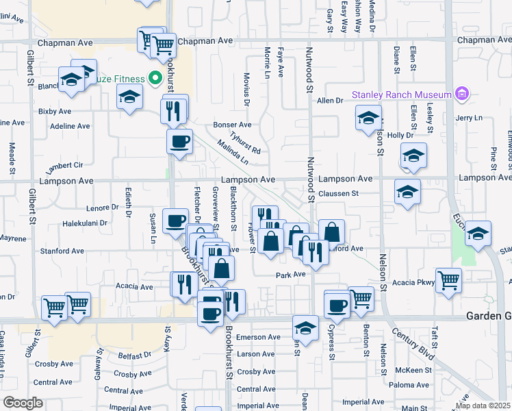 map of restaurants, bars, coffee shops, grocery stores, and more near 12581 Flower Street in Garden Grove