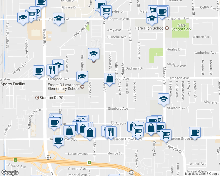 map of restaurants, bars, coffee shops, grocery stores, and more near 12581 Dale Street in Garden Grove