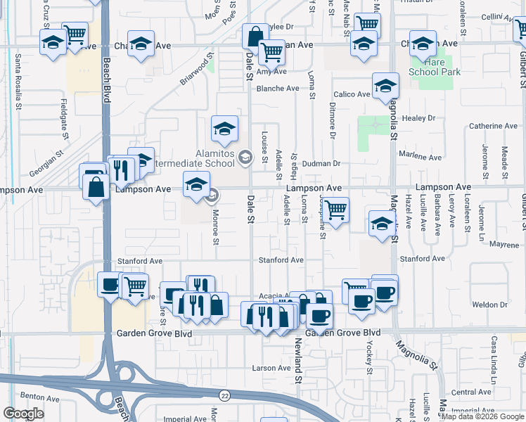 map of restaurants, bars, coffee shops, grocery stores, and more near 12581 Dale Street in Garden Grove