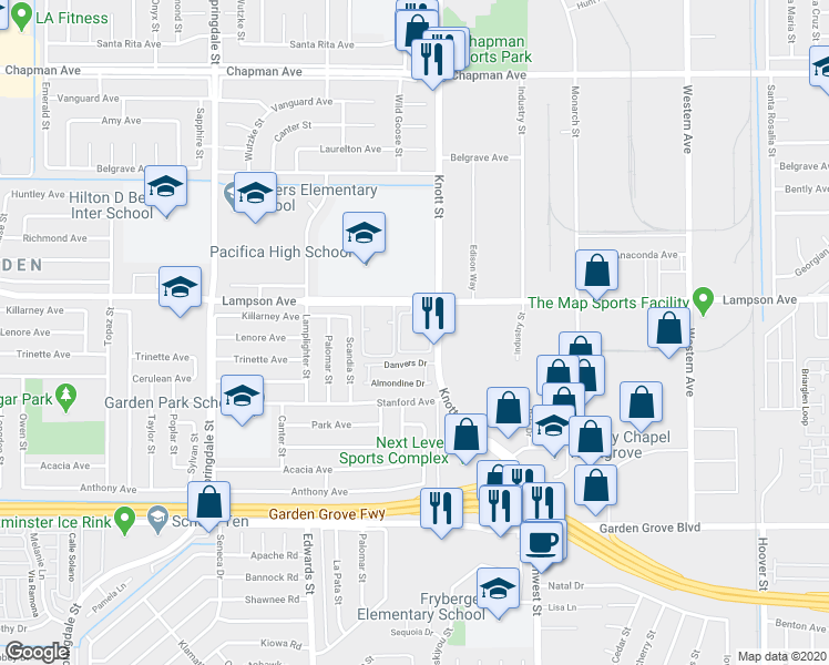 map of restaurants, bars, coffee shops, grocery stores, and more near 12572 Fieldstone Lane in Garden Grove