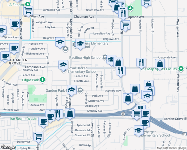 map of restaurants, bars, coffee shops, grocery stores, and more near 12561 Palomar Street in Garden Grove