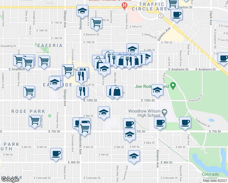 map of restaurants, bars, coffee shops, grocery stores, and more near 1057 Mira Mar Avenue in Long Beach