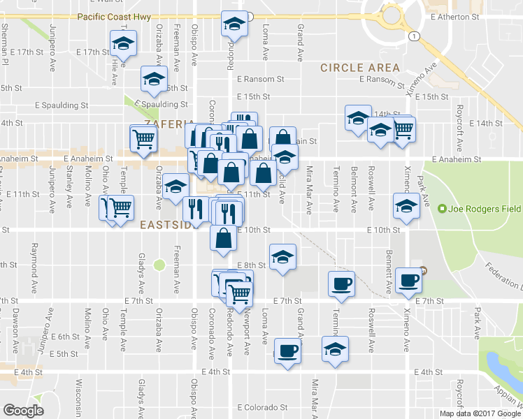 map of restaurants, bars, coffee shops, grocery stores, and more near in Long Beach