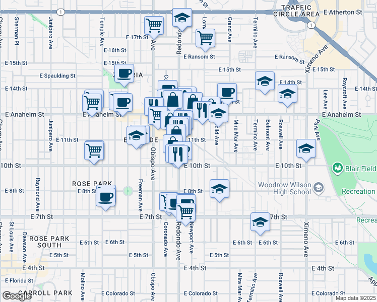 map of restaurants, bars, coffee shops, grocery stores, and more near 1054 Redondo Avenue in Long Beach