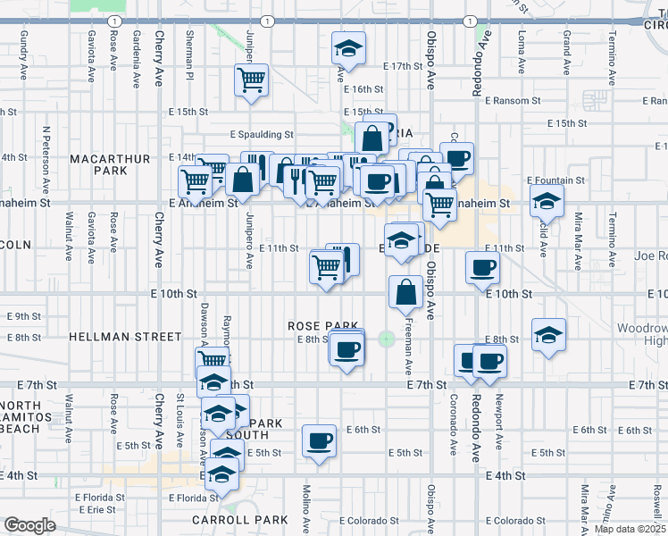 map of restaurants, bars, coffee shops, grocery stores, and more near 1064 Ohio Avenue in Long Beach