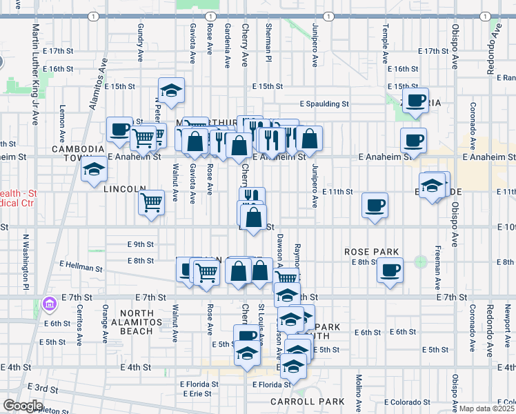 map of restaurants, bars, coffee shops, grocery stores, and more near 1059 Saint Louis Avenue in Long Beach