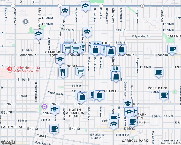 map of restaurants, bars, coffee shops, grocery stores, and more near 1056 Walnut Avenue in Long Beach