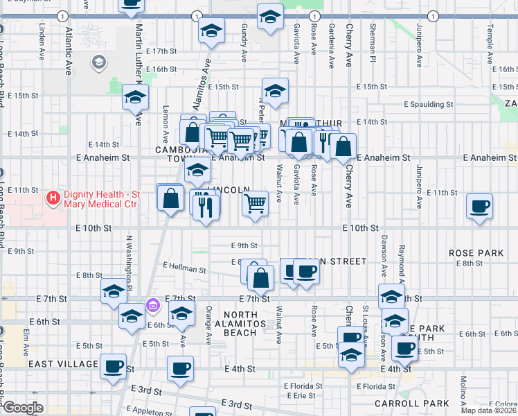 map of restaurants, bars, coffee shops, grocery stores, and more near 1503 East Sunshine Court in Long Beach