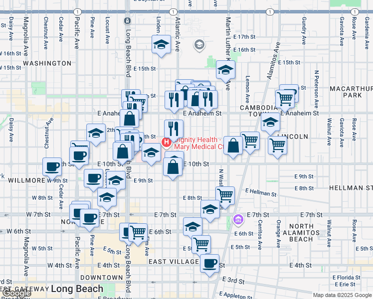 map of restaurants, bars, coffee shops, grocery stores, and more near 1062 Atlantic Avenue in Long Beach