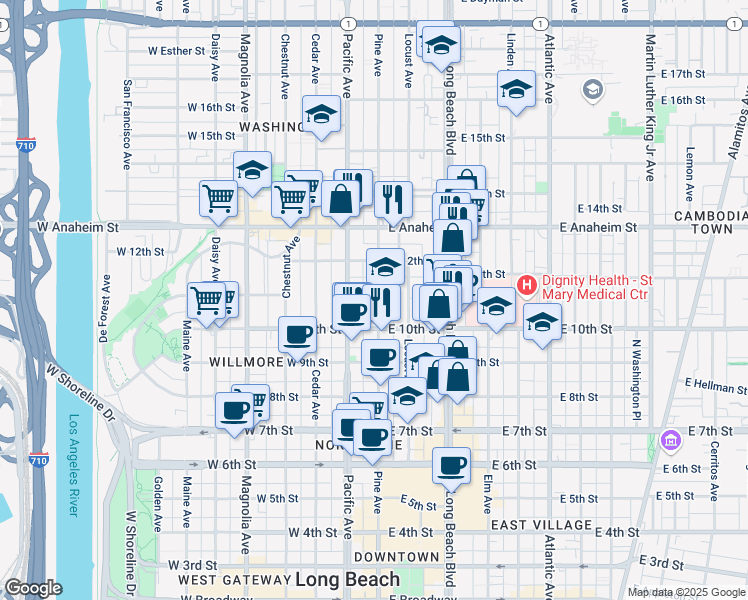 map of restaurants, bars, coffee shops, grocery stores, and more near 1049 Pine Avenue in Long Beach