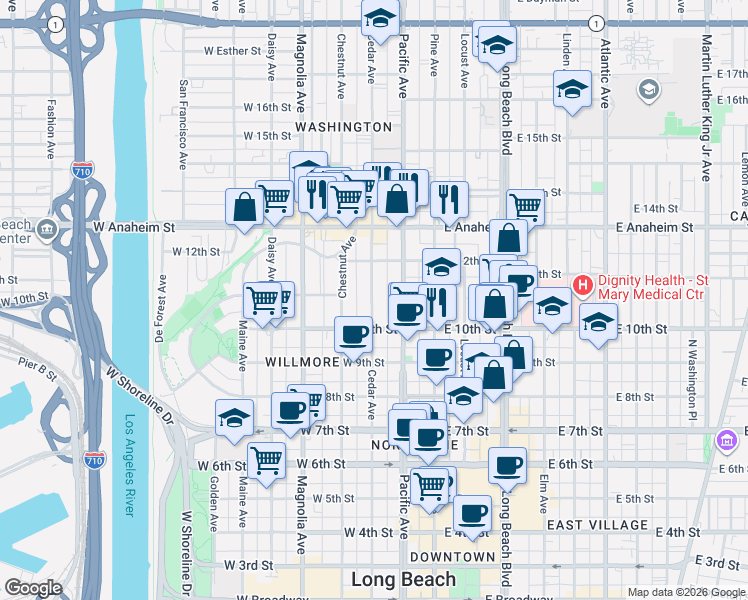 map of restaurants, bars, coffee shops, grocery stores, and more near 1053 Cedar Avenue in Long Beach