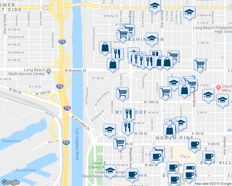 map of restaurants, bars, coffee shops, grocery stores, and more near 620 Nylic Court in Long Beach