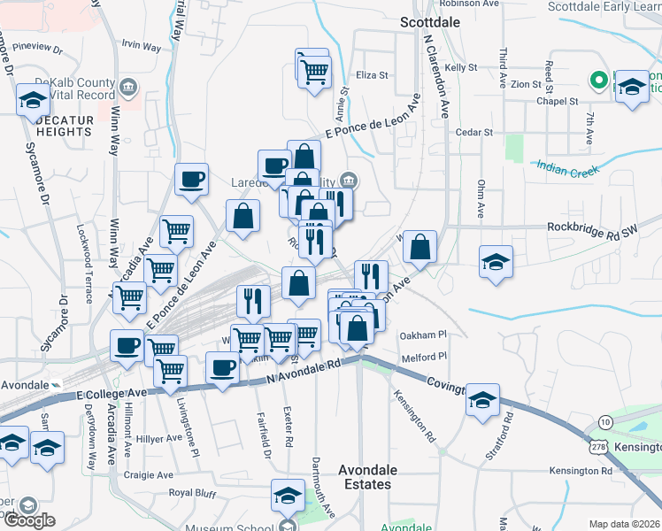 map of restaurants, bars, coffee shops, grocery stores, and more near 178 Laredo Drive in Decatur