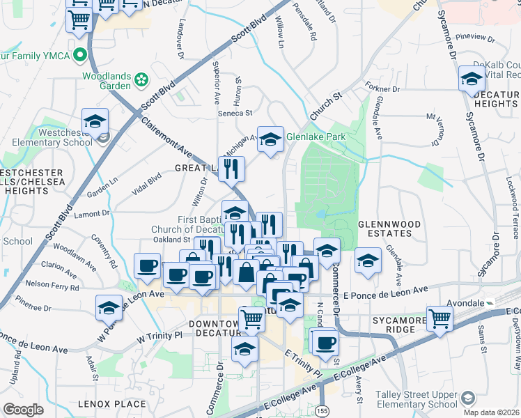 map of restaurants, bars, coffee shops, grocery stores, and more near in Decatur