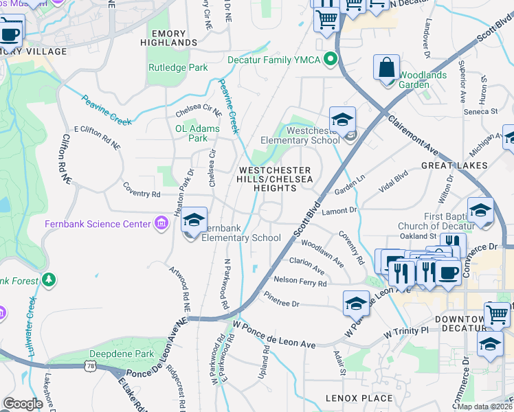 map of restaurants, bars, coffee shops, grocery stores, and more near 112 Kathryn Avenue in Decatur