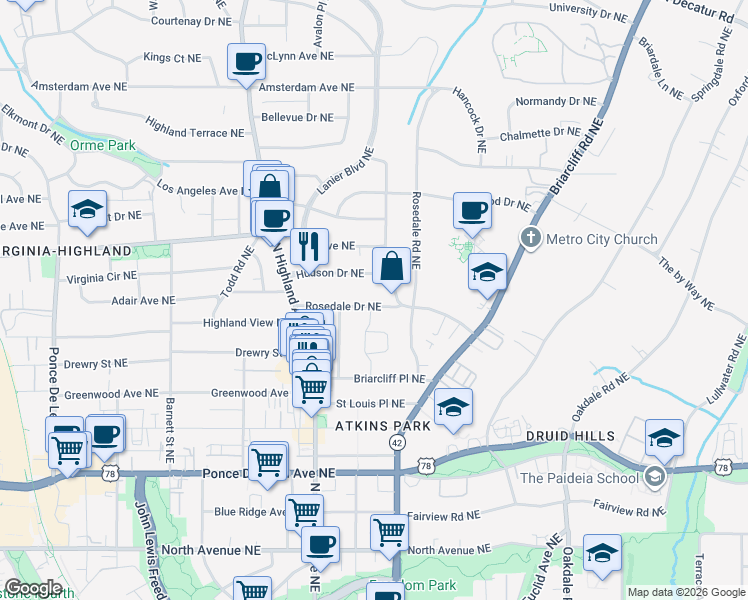 map of restaurants, bars, coffee shops, grocery stores, and more near 1156 Rosedale Drive Northeast in Atlanta