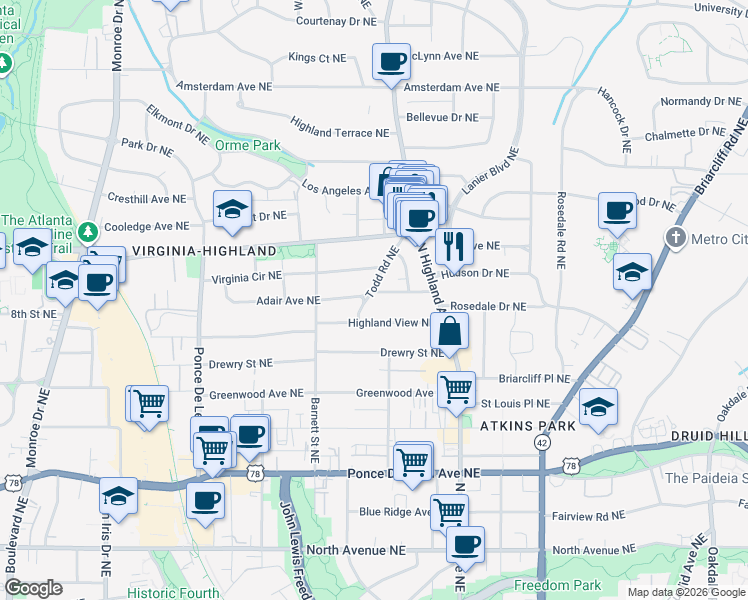 map of restaurants, bars, coffee shops, grocery stores, and more near 975 Adair Avenue Northeast in Atlanta