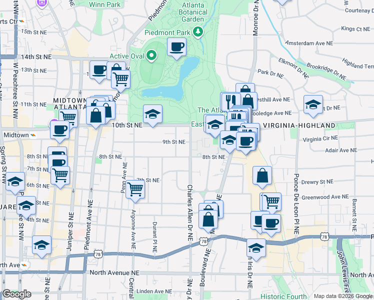 map of restaurants, bars, coffee shops, grocery stores, and more near 419 9th Street Northeast in Atlanta