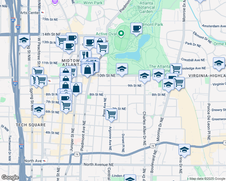 map of restaurants, bars, coffee shops, grocery stores, and more near 928 Argonne Avenue Northeast in Atlanta