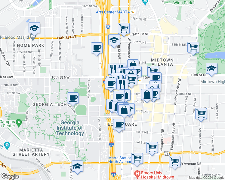 map of restaurants, bars, coffee shops, grocery stores, and more near 95 8th Street Northwest in Atlanta