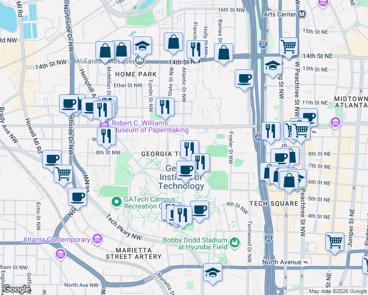 map of restaurants, bars, coffee shops, grocery stores, and more near 900 Atlantic Drive in Atlanta