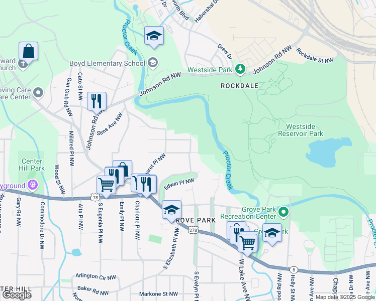 map of restaurants, bars, coffee shops, grocery stores, and more near 1797 Newman Place Northwest in Atlanta