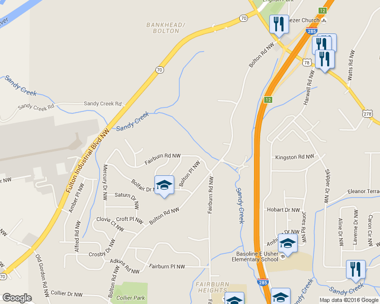 map of restaurants, bars, coffee shops, grocery stores, and more near 905 Fairburn Road Northwest in Atlanta
