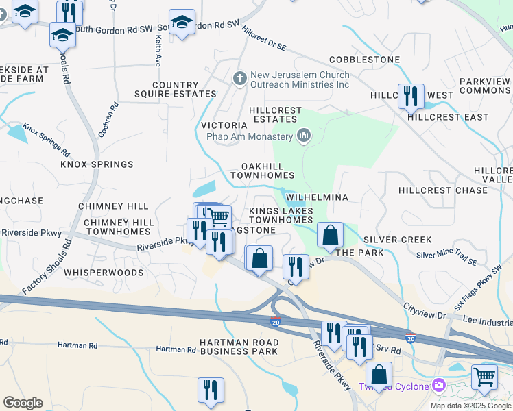 map of restaurants, bars, coffee shops, grocery stores, and more near 7177 Fringe Flower Drive in Austell