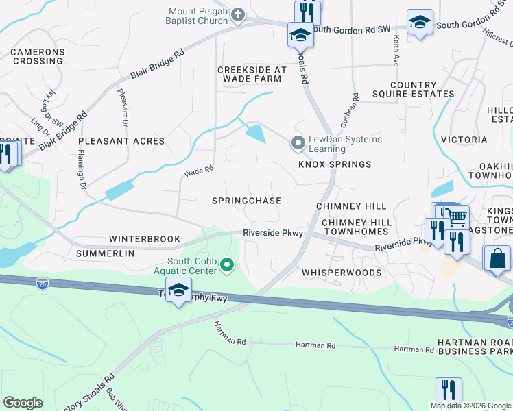 map of restaurants, bars, coffee shops, grocery stores, and more near 7163 Springchase Way in Austell